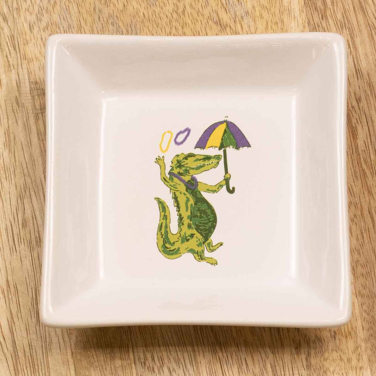 Plate - Mardi Gras Gator Trinket Dish White/Multi 4"