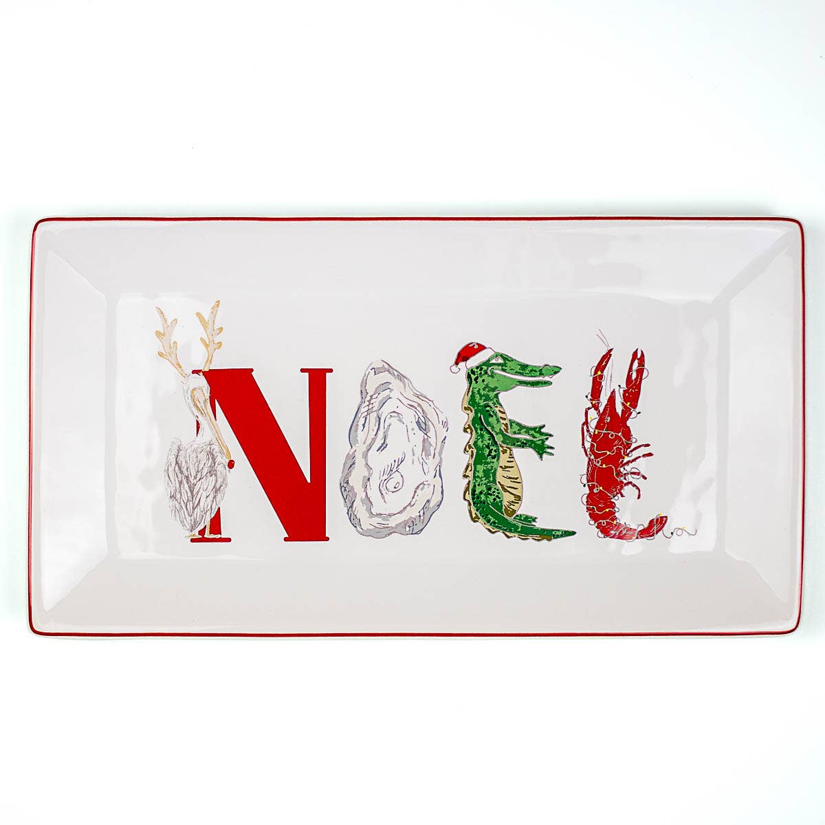 Platter - Cajun Noel Rectangle Platter White/Green/Red 12xx6.5