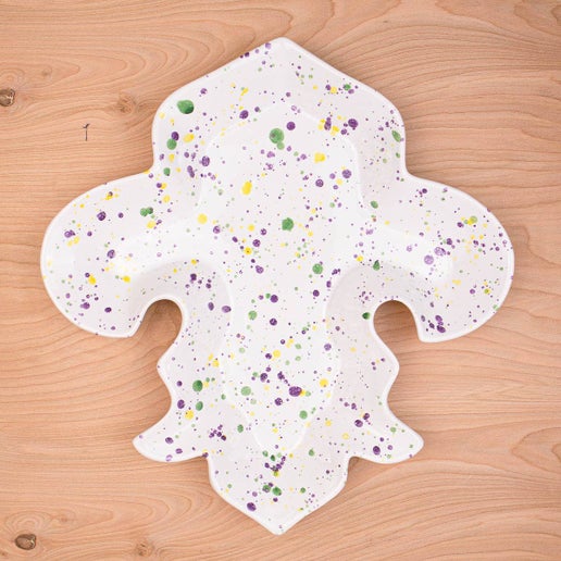 Platter - Mardi Gras LaFleur Shaped Platter White-Purple-Green-Gold 16in