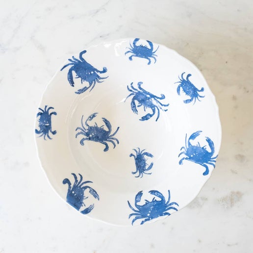 Bowl - Watercolor Crab Serving Bowl White-Blue 12x12x3.5