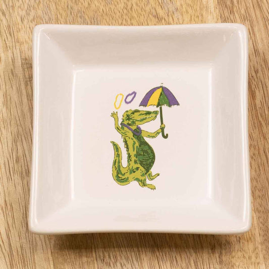 Plate - Mardi Gras Gator Trinket Dish   White/Multi   4"