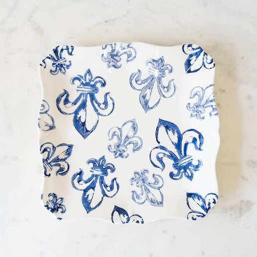 Platter - Watercolor Fleur De Lis Serving Platter White-Blue-Light Blue 11.5x11.5x1