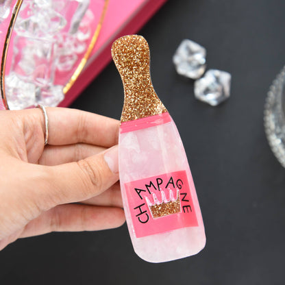 Glitter Pink Champagne Bottle Hair Clip, Fun Party Accessory